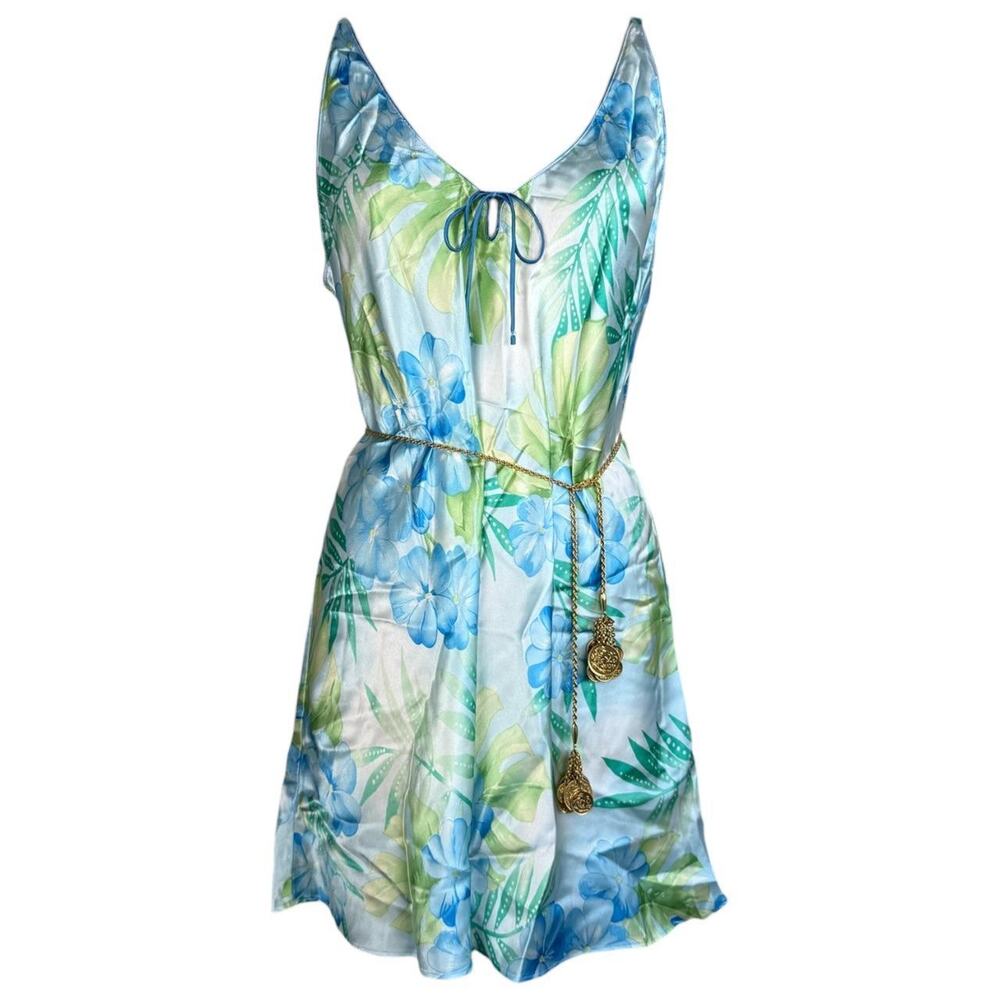 Y2K Oscar de la Renta tropical satin slip dress blue green floral beach vibes